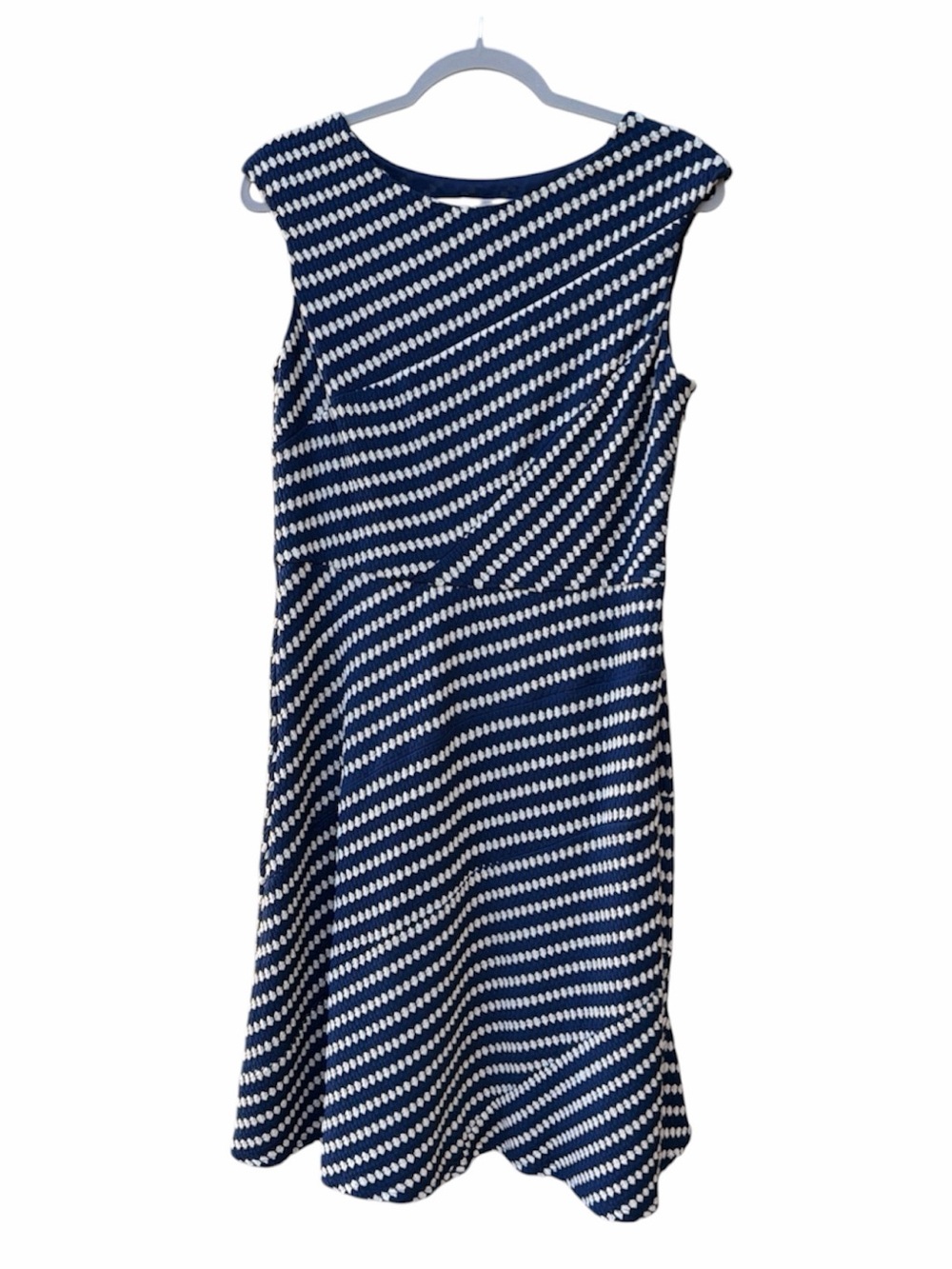 ANNE KLEIN Sleeveless Navy & White Asymmetrical Dot Lined Dress WM SZ 12P